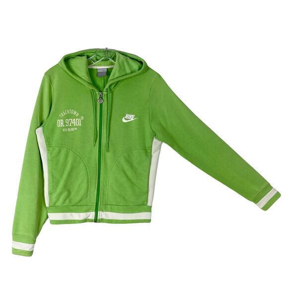 VINTAGE NIKE Hoodie Women M Green White Tracktown Graphic Logo Zip Long Sleeve